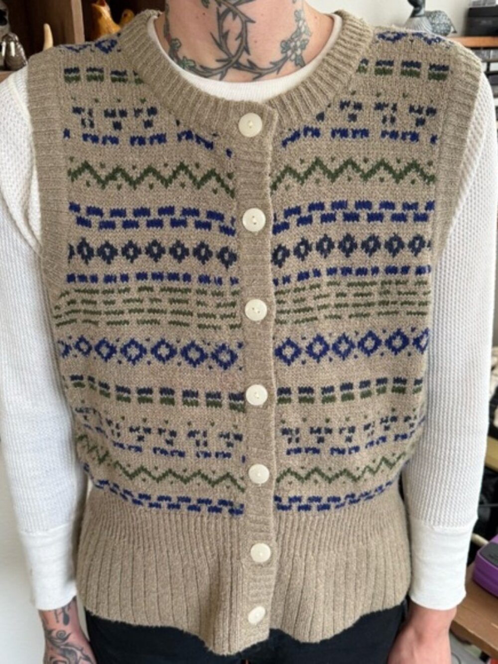 Vintage 80s Hunt Club Earthy Tan Cardigan Knit Sweater Vest ~ Size Medium